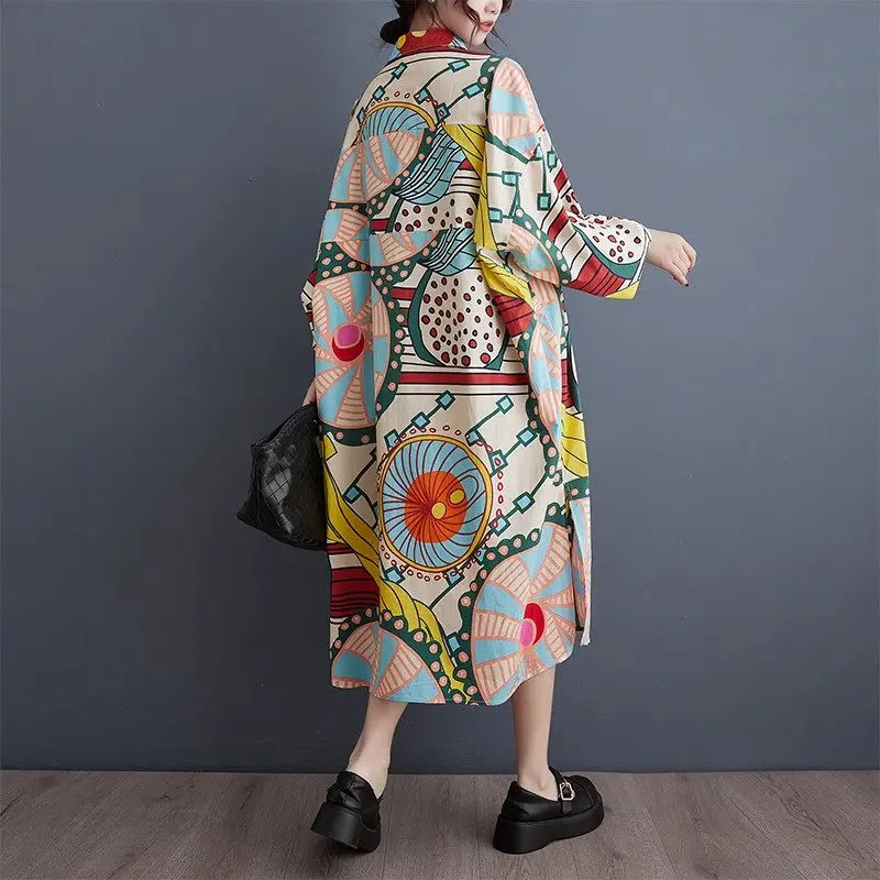 Lente Zomer Oversized Dameskleding Modieuze Koreaanse Print Shirt Jurk Casual Veelzijdige Split Zoom Mid Length Jurk Z4331