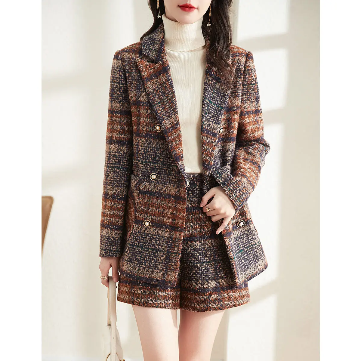 

High end fashion simple temperament women's suit woolen cloth 2022 winter new style all match+shorts set