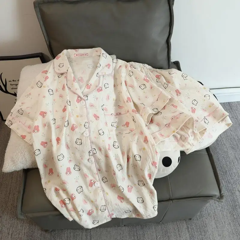 

Женский летний пижамный комплект с коротким рукавом и шортами, новый, милый, повседневный, с кардиганом, модный, дышащий, домашняя одежда, комплект из двух предметов