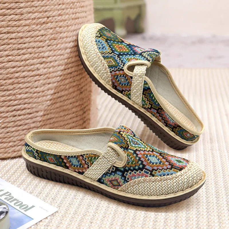 Women Slipper Ethnic Embroidery Summer Flat Shoe Linen Wedge Cloth Shoes Soft Sole Walking Elderly Sandal Ladies Slip-on Muller