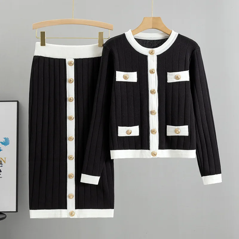 Maglia due pezzi donne musulmane Ensemble Cardigan lavorato a maglia cappotto bottoni tinta unita gonna lunga abito Casual gonne a maglia abiti