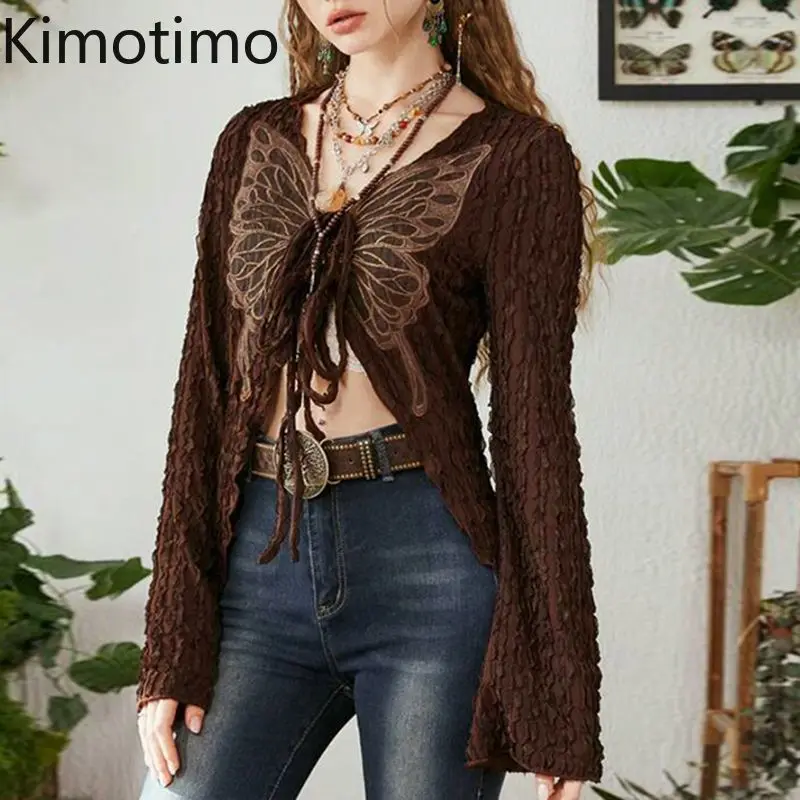 

Kimotimo винтажный текстурированный лоскутный кардиган на шнуровке с бабочкой женский Y2k эстетический тонкий коричневый топ с длинными рукавами осенние футболки