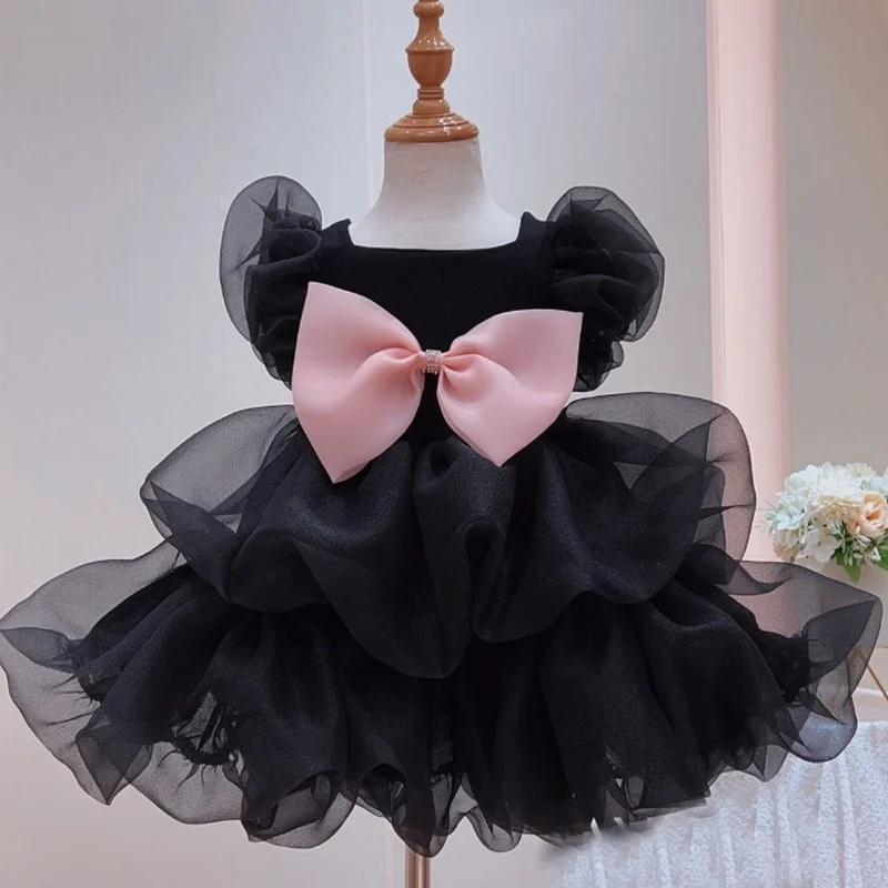 

Cat and Dog Dress Summer Pink Bow Bubble Skirt Black Puff Sleeve Princess Dress Small and Medium-sized Pet Clothing