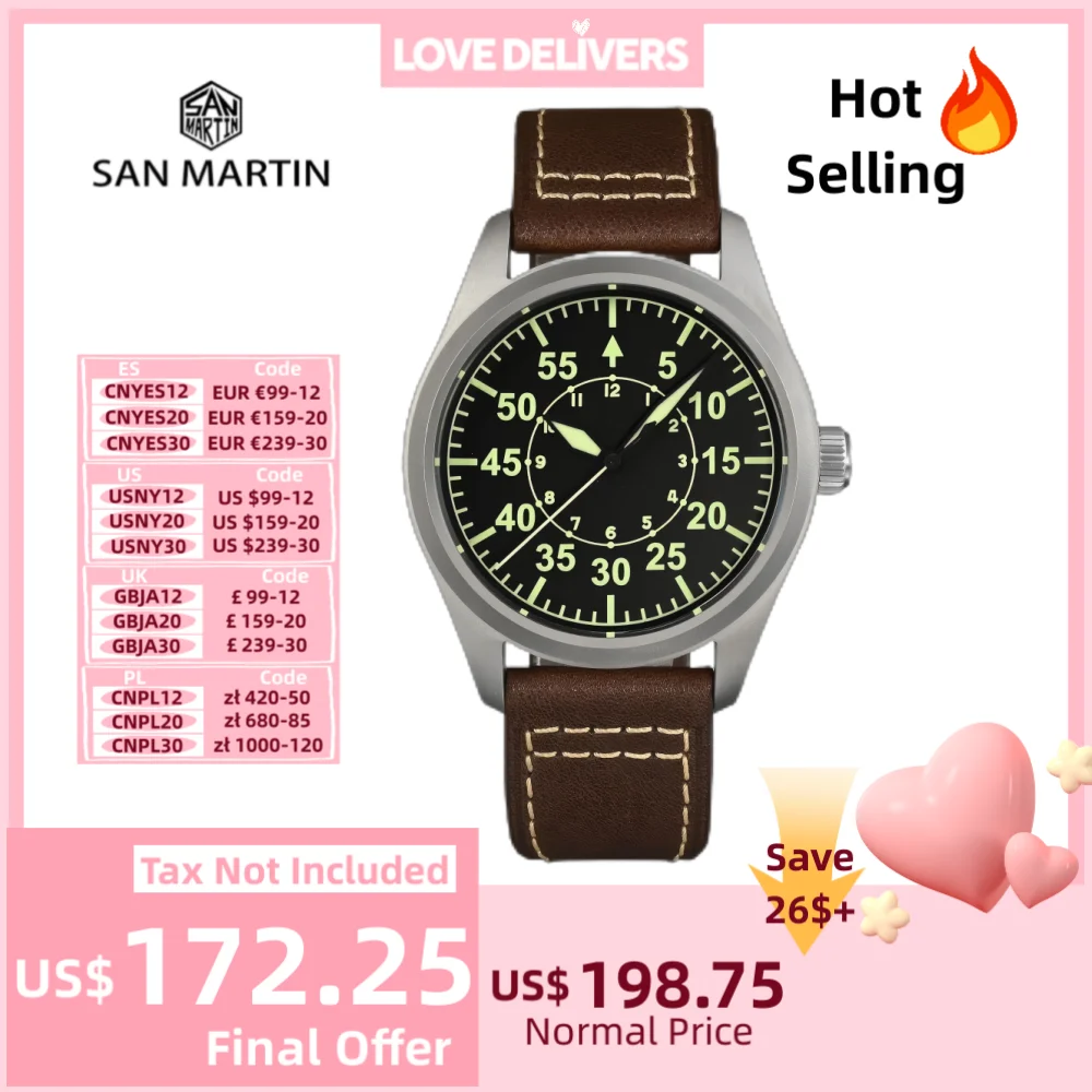 San Martin Pilot Titanium Military Enthusiast NH35 YN55 Automatic Mechanical Men Watch Leather Strap Waterproof Luminous SN0030T