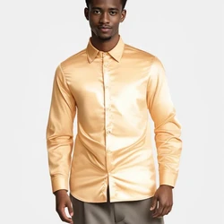 Erkek rahat saten ipek gömlek tek göğüslü düğme yaka yaka elbise gömlek Slim Fit moda parti uzun kollu üstleri giyim