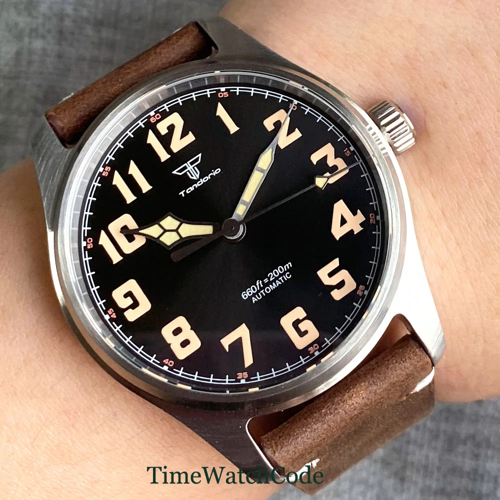 NH35A Tandorio 200m Waterproof Vintage Automatic Mens Watch 39mm Black Dial Sapphire Crystal Leather Strap Luminous