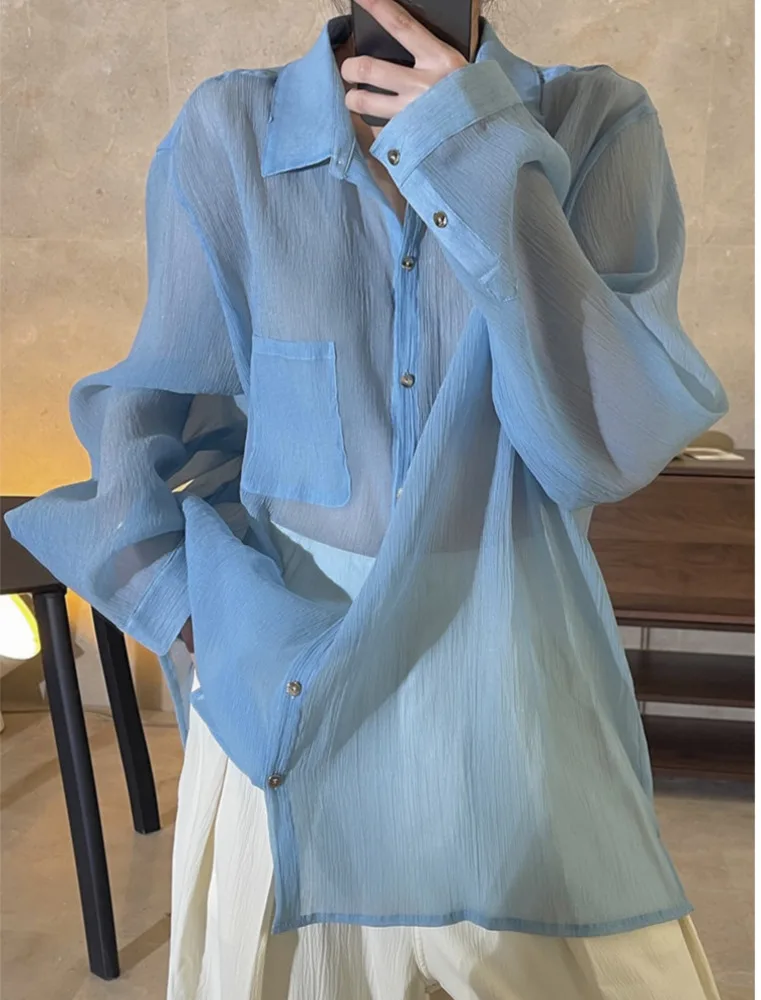 

Transparent Lapel Single Breasted Casual Shirts Women's Fashion Loose 2022 Spring Casual Solid Color Tops B132