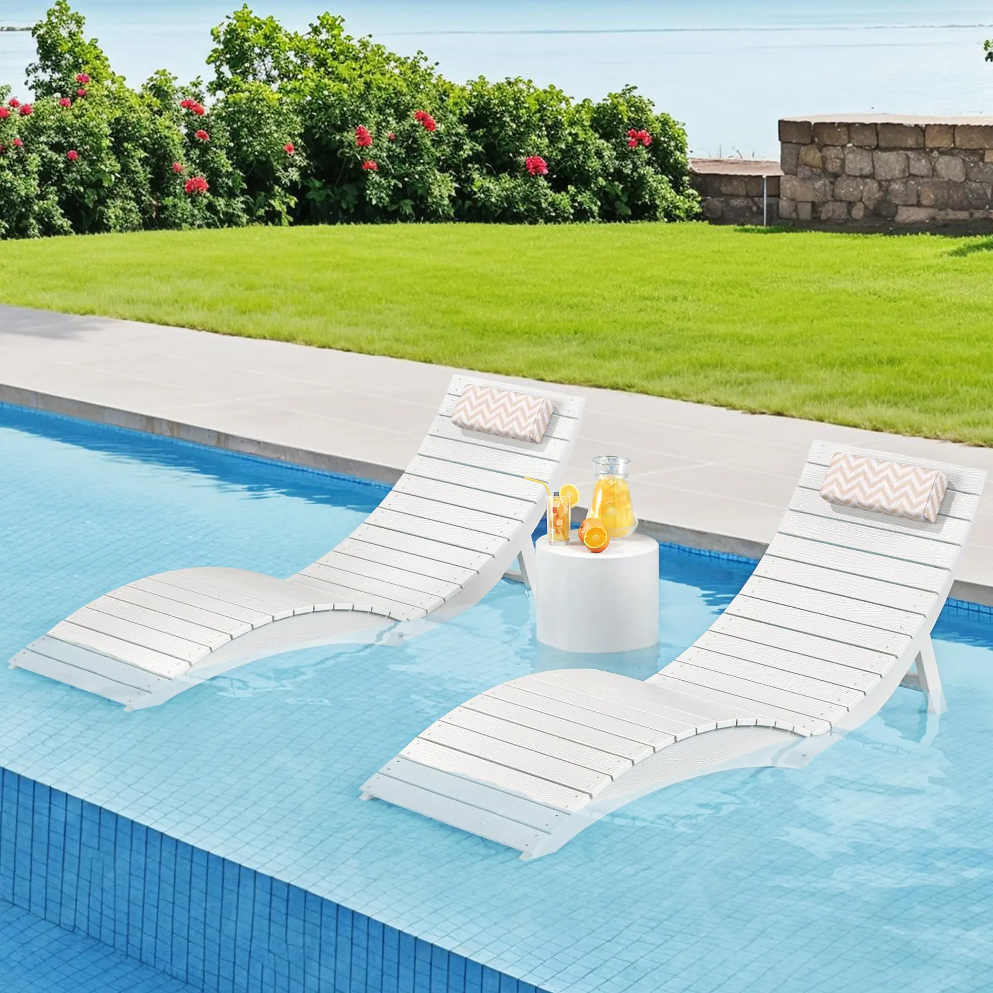 Folding Pool Lounge Chairs, Pre-Assembled for 8-Inch Depth | HDPS Anti-Floating, Headrest, White, Ideal for Hotel