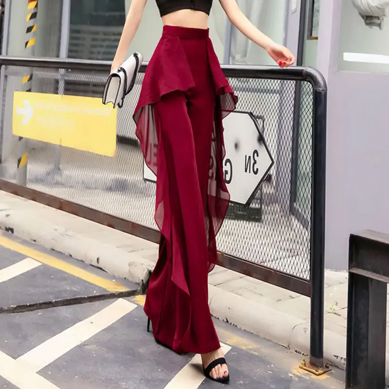 

Women Korean Fashion Pants Loose High Waisted Chiffon Ruffle Trousers Casual Versatile Wide Leg Flared Pantalon Femme Ropa