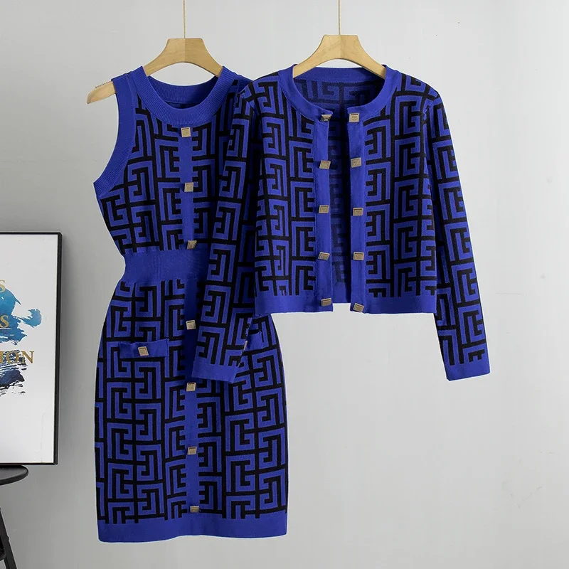 Women Suit Knitted Sweaters and Dress Two Pieces Set 2024 New Spring Autumn Elegant Casual Knitwear Cardigans Jumpers Pull Femme