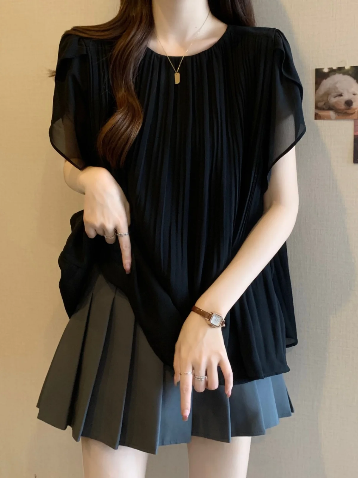 

Bla Chiffon Top ort Sve Women's Summer plus Size Beautiful Belly Cover Faionable Small irt Ele Upper Body