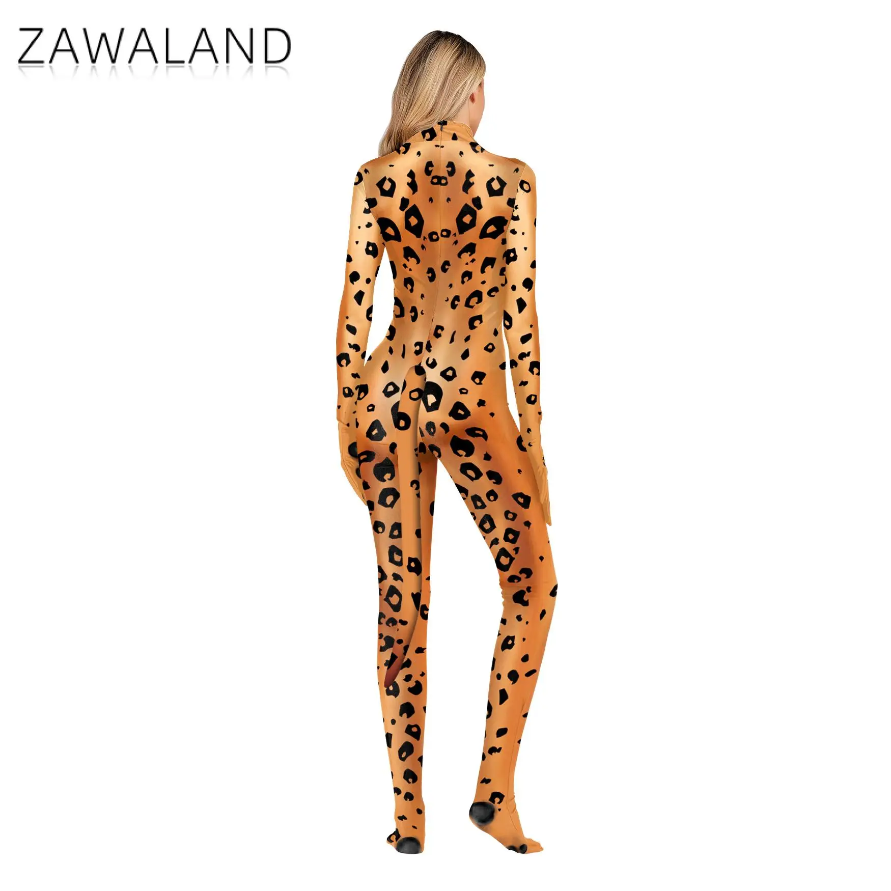 Zawaland Animal Leopard Printed Jumpsuit Catsuit Costume Sexy Zentai Cosplay Bodysuit Suit Full Cover with Tail Fitness Outfit