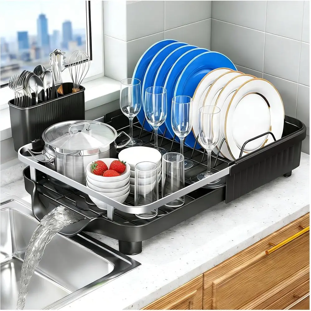 

Dish Drying Rack – Expandable Dish Rack or Kitchen Counter, StainlSteel Dish Drainer with Utensil Holder, Black