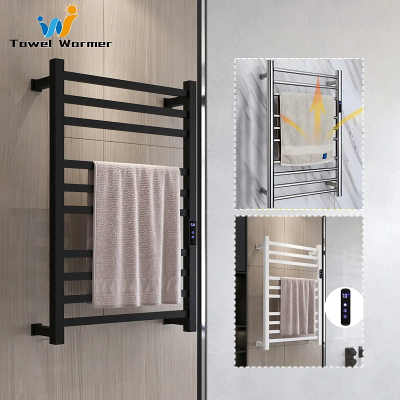 Black Smart Electric Heated Towel Rack Temperature Control Timing Electric Towel Rail Stainless Steel Fast Drying Towel Warmer