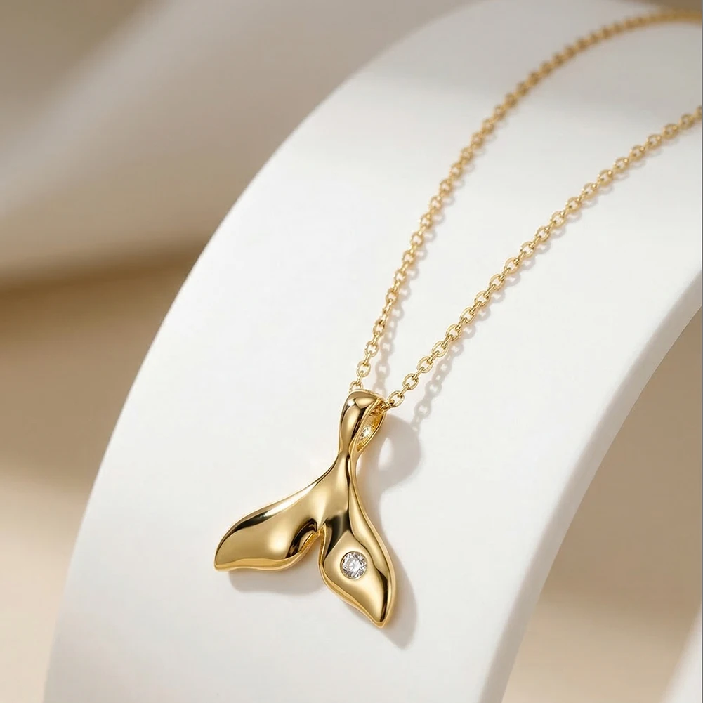 ORSA JEWELS 925 Sterling Silver Zircon Mermaid Tail Pendant Necklace Women Vintage Fish Whale Tail Choker Necklace Gift SAPN64