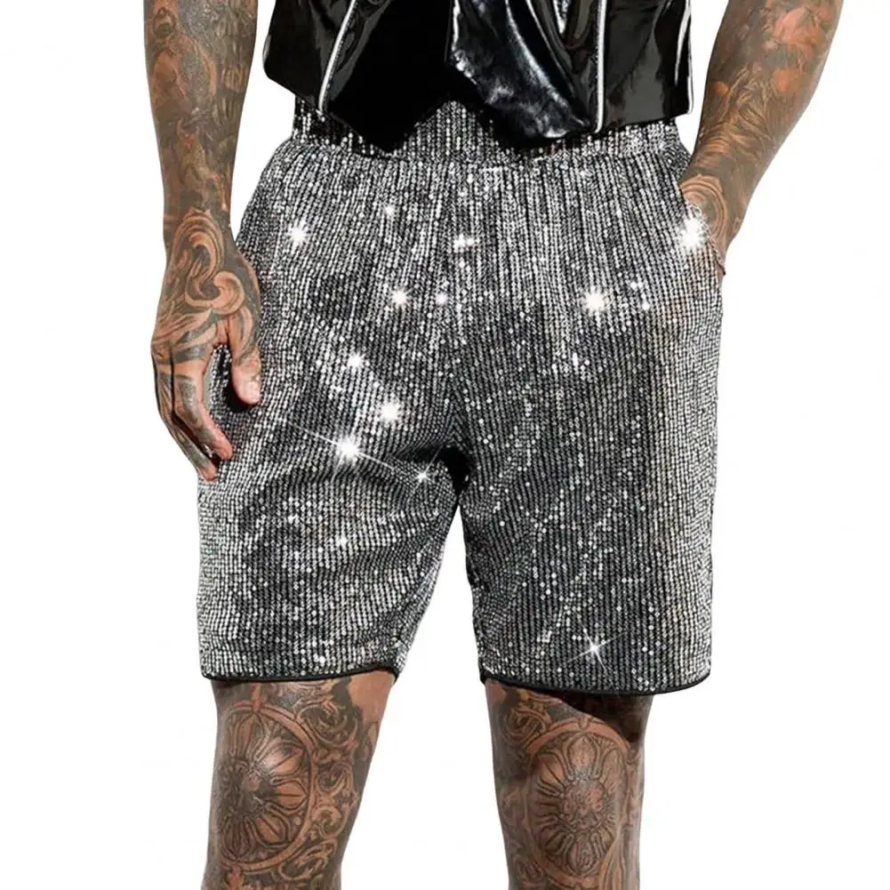 Men Sequin Shorts Stylish Men's Sequin Shorts With Elastic Waist Pockets Trendy Knee-length Shorts For A Shiny Look Loose Fit