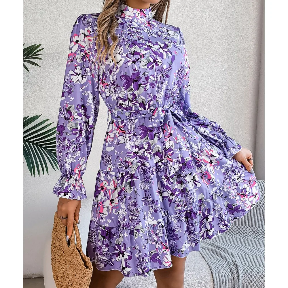 Autumn Women Elegant Stand Up Collar Floral Print Long Sleeved Ruffle Patchwork A-line Dress 2024 Ladies Slim Lace-Up Mini Dress