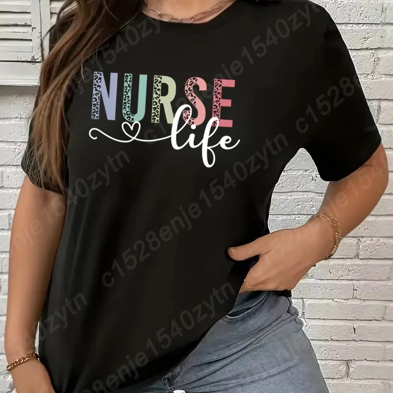 

Nurse Life Print Oversized Size T-Shirts For Women Summer Short Sleeve Tee Shirts Round Neck Popular Ladies Tops Pure Color Tees