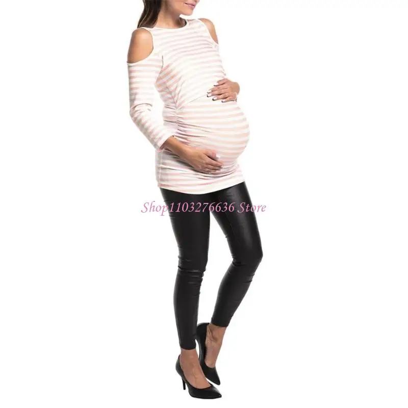 R6FD Lightweight Soft Cotton Blend Maternity Top Striped for Comfortable Nursing