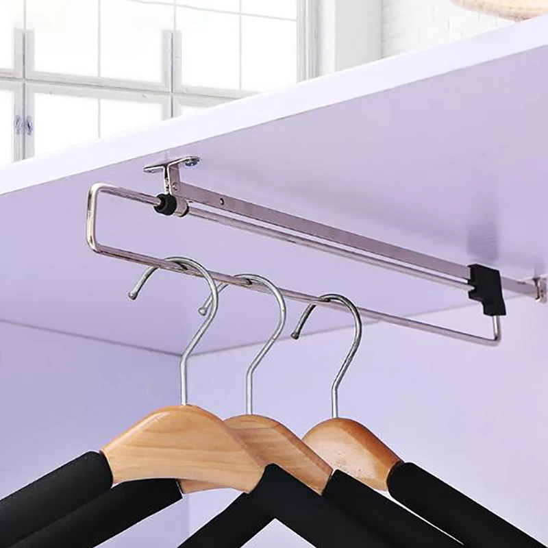 Stainless Steel Retractable Wardrobe Rail Clothes Hanger Towel Coat Racks Adjustable Closet Rod Rail Organizer Rack image 2