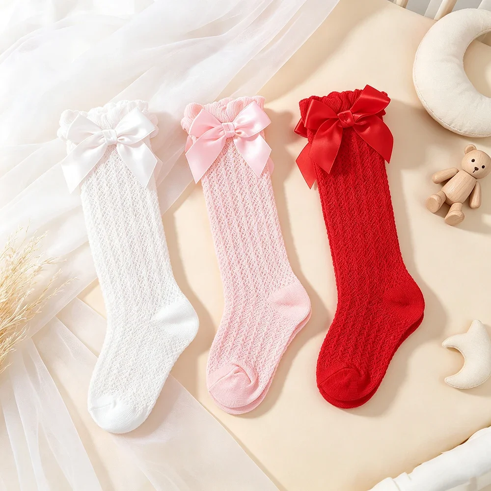 3Pairs Soft Breathable Hollow Mesh Knit Over Knee Socks Non-slip Stretch Ruffle Cuff Satin Bow Long Stockings For Baby Girls