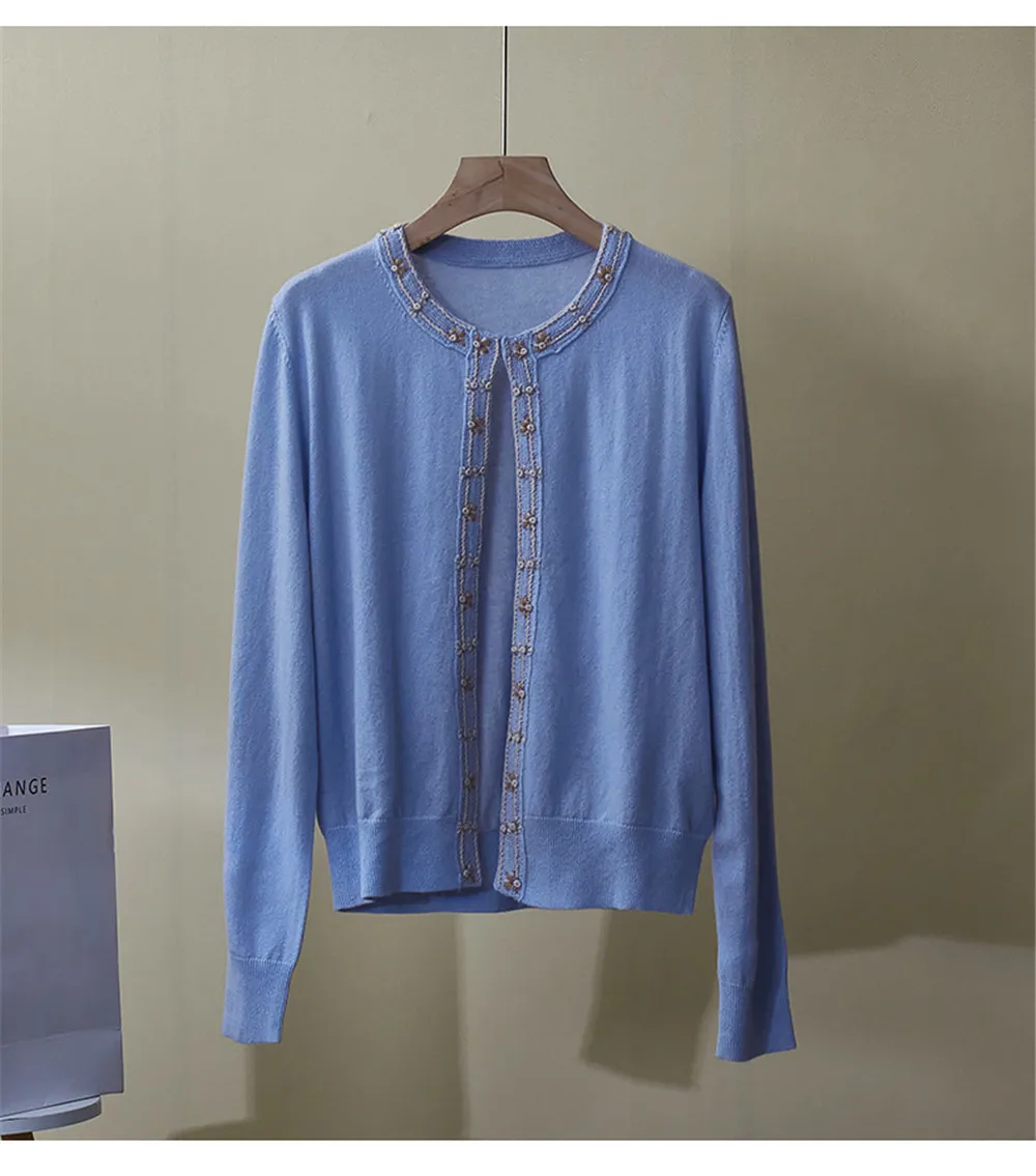 Giacca versatile casual con paillettes ricamate con scollo tondo cardigan in cashmere nuovo autunno e inverno da donna