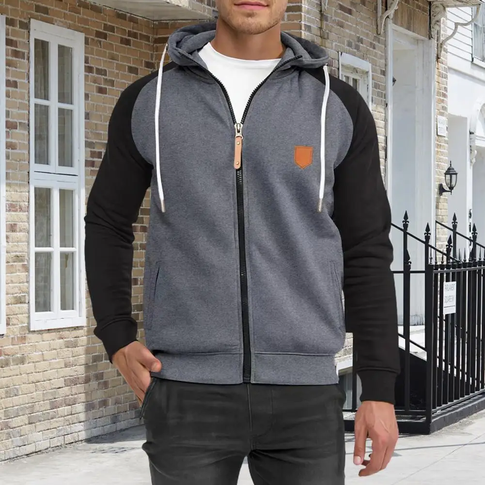 Men Outdoor Jacket Men's Colorblock Drawstring Hoodie with Zip-up Closure Pockets for Fall Winter Daily Wear Casual Sport Coat