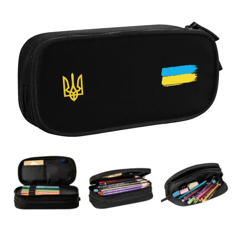 Custom Korean Ukrainian Flag Stripe Pencil Cases for Girls Coat Of Arms Of Ukraine Tryzub Large Storage Pen Bag Box Stationery