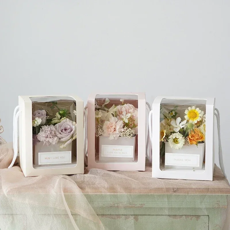 5pcs Transparent Window Carrying Bag Pink High End Festival Flower Gift Handheld Box White Cake Bouquet Portable Packaging Boxs