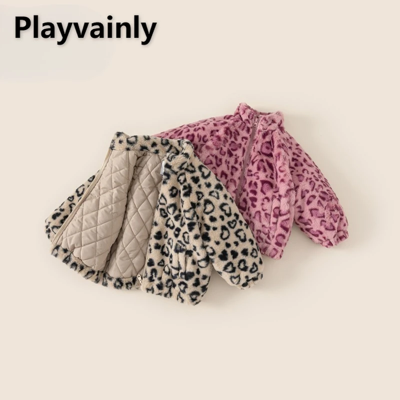 

Winter Kids Girls Leopard Print Plush Jacket Beige Pink Thickened Warm Zipper Stand Collar Quilted Jacket Children Outwear Y4026