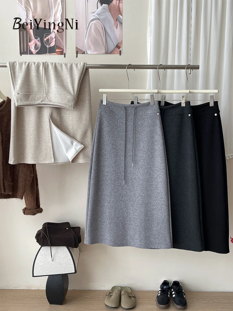 Beiyingni 2025 Korean Straight Midi Skirt Women Cashmere Drawstring Split Pack Hip A-line Long Skirts Ladies Solid Color Faldas