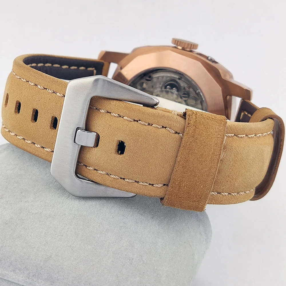 ساعات 45 ملم ساعة رجالية ST2555 حركة ستانلس ستيل روز جولد حافظة ساعة ميكانيكية عتيقة سوار جلد زجاجي معدني