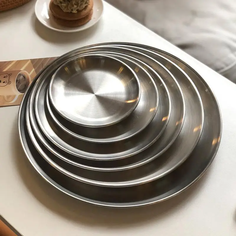 Stainless Steel Plate Korean Barbecue Plate Snack Bone Bread Plate Round Metal Cup Fruit Dessert Tray Kitchen Tool Photo Props