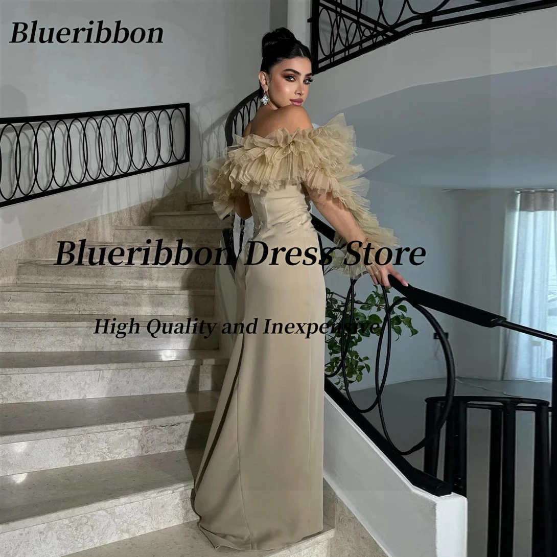 Blueribbon saudita vestidos de baile babados tule mangas compridas vestidos de noite com zíper voltar vestido de festa de aniversário personalizado