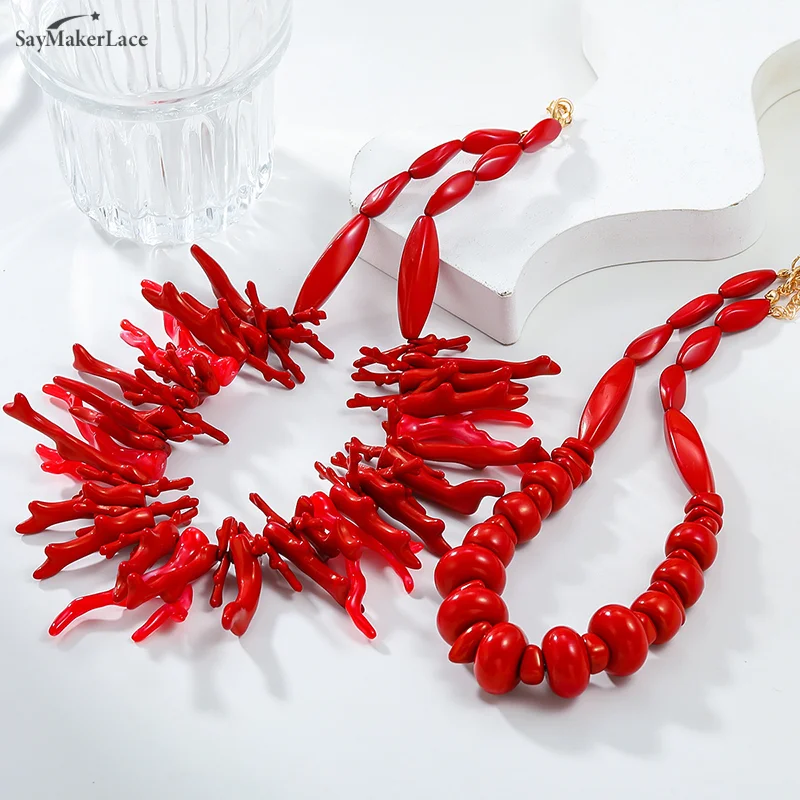 2Pcs/set Vintage Red Coral Necklace For Women Girls Fashion Boho Style Statement Retro Necklaces Fine Jewelry Gifts