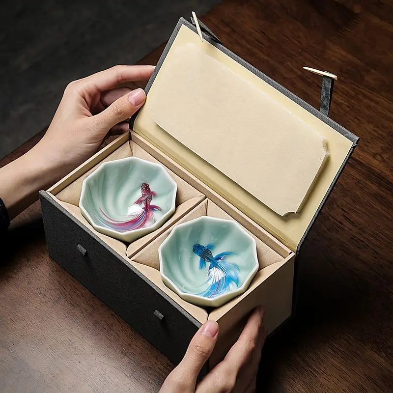[ Collected By 1321 People ] Junhui Master Celadon Goldfish Single Teacup Pair Cup Box Light Gift Collection
