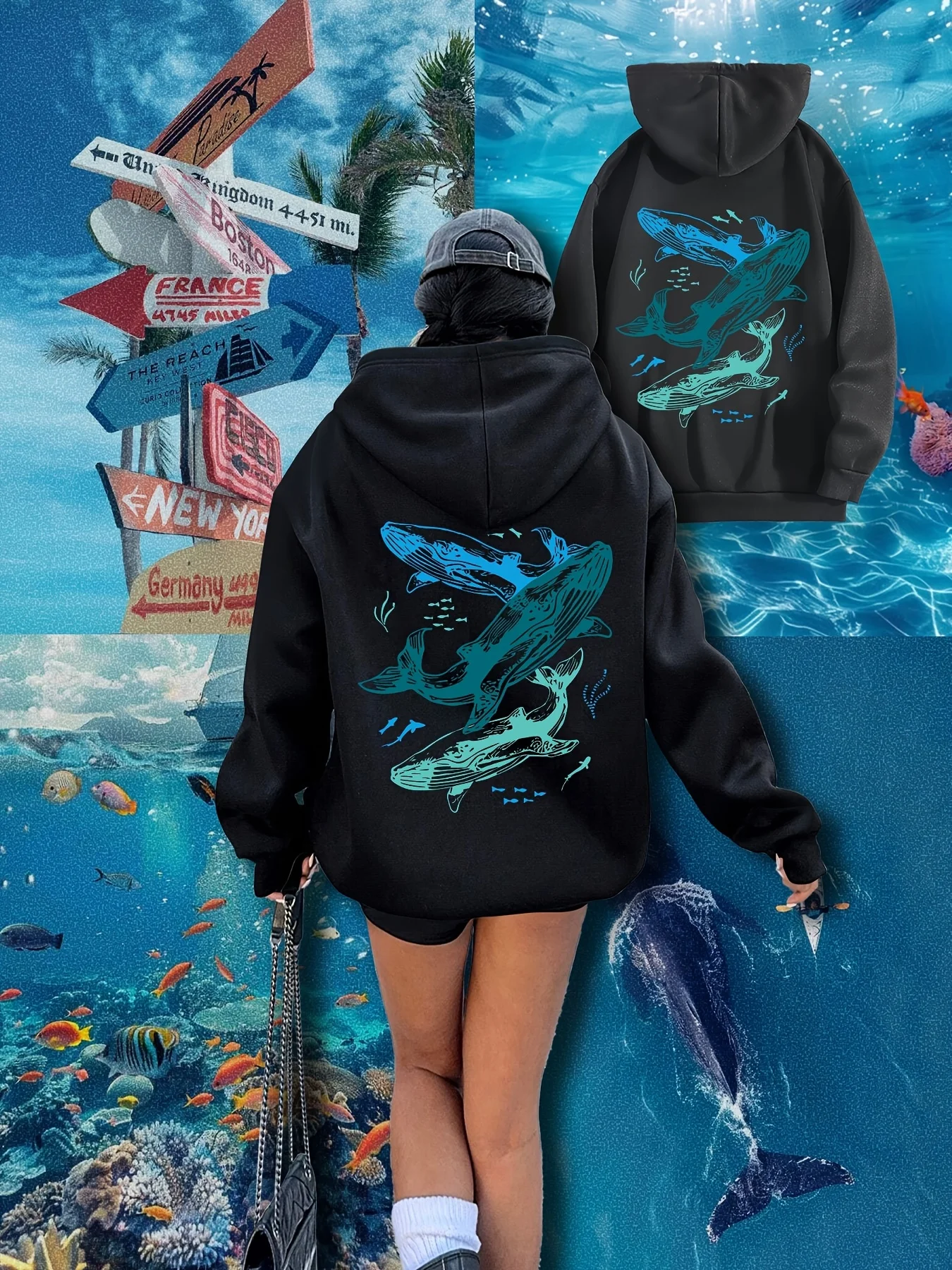 Ocean Whales Sea Life Pattern Women'S Y2K Hoody Comfortable Fleece Hoodie Loose Pocket Couple Streetwear Autumn Woman Hoodies