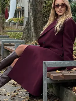 HH Women Fashion Burgundy Coat Double Breasted Long Sleeve Lapel Blends Jacket Autumn Winter High Street Outerwear 4
