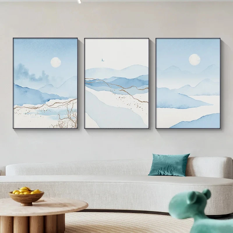 Blue Watercolor Abstract Poster Nordic Canvas Print Art Painting Moon Mountain River Night Landscape Wall Picture Home Decor