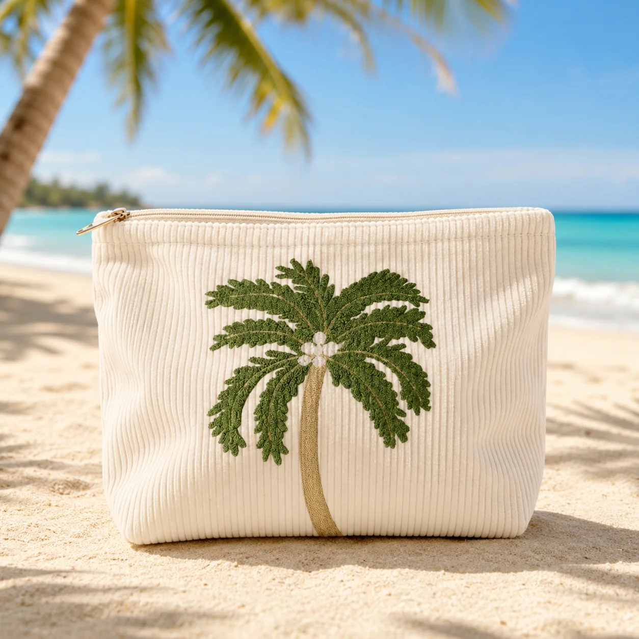 Tropical Palm Tree Embroidered Corduroy Makeup Bag, Soft Zipper Toiletry Pouch for Women Beach Vacation Travel Organizer