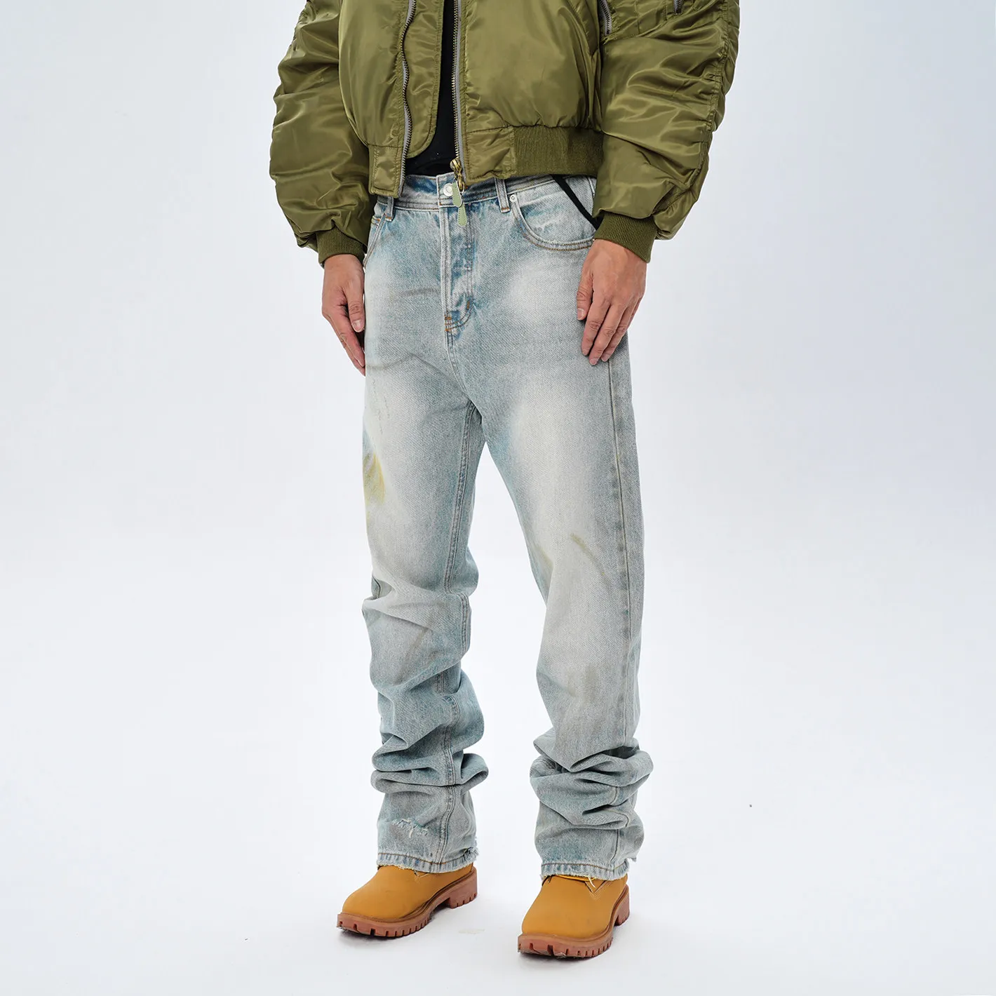 Fashion American Style Retro Washed Distressed Mud Dyeing Brush Dirty Casual Loose Micro-Flared Jeans Men