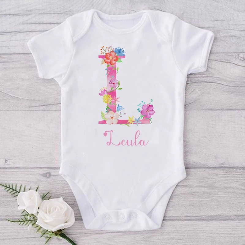 Personalized Baby Name Bodysuit Custom Floral Initial Letter for Girls Toddler Jumpsuit Pink Playsuit Newborn Infant Shower Gift