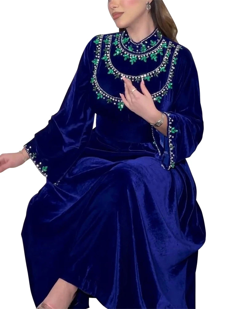 Eid Ramadan Muslim Women Dresses Velvet Diamond Abaya Party Long Dress Belt Morocco Kaftan Vestidos Dubai Turkey Robe Jalabiya