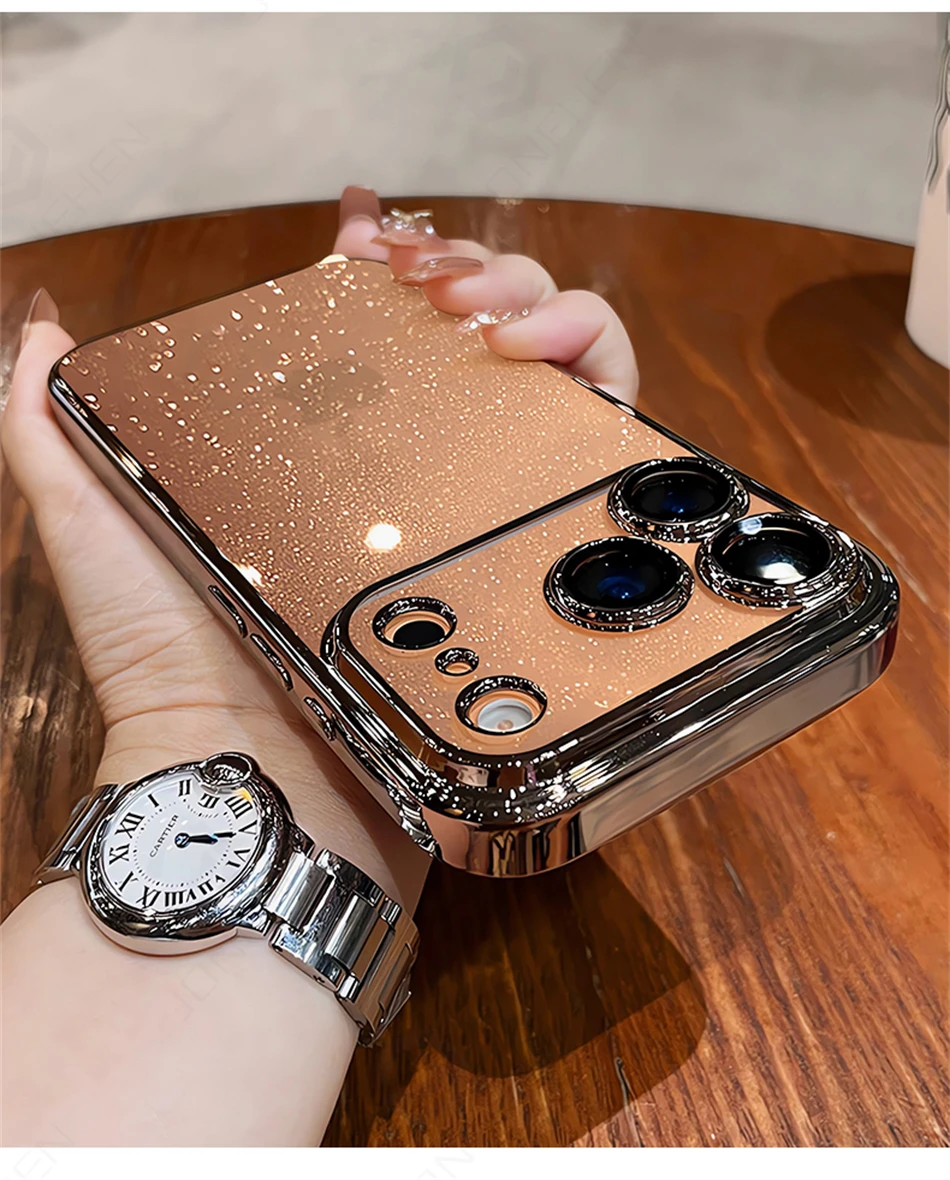 Luxuriöse Transparente Glitzer-Schutzhülle für iPhone 12 13 14 15 16 17 18 Pro Max mit Orangefarbener Beschichtung, Stoßfänger und Hartglas-Objektivabdeckung – Detail 11