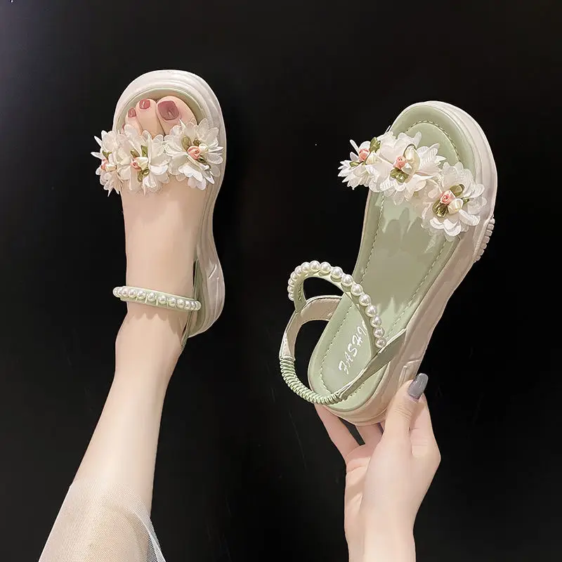 Footwear Lace Summer 2024 Rhinestones Sandals for Women Beach Ladies Shoes Wedge with Platform Waterproof Diamond Medium Heels H