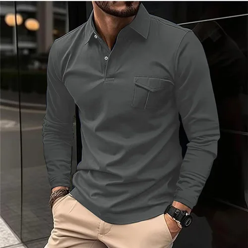 Imagen 1 del producto Polo de deportes nuevos de otoño e invierno, Polo informal de manga larga con solapa para hombre, camiseta con bolsillo de Color sólido