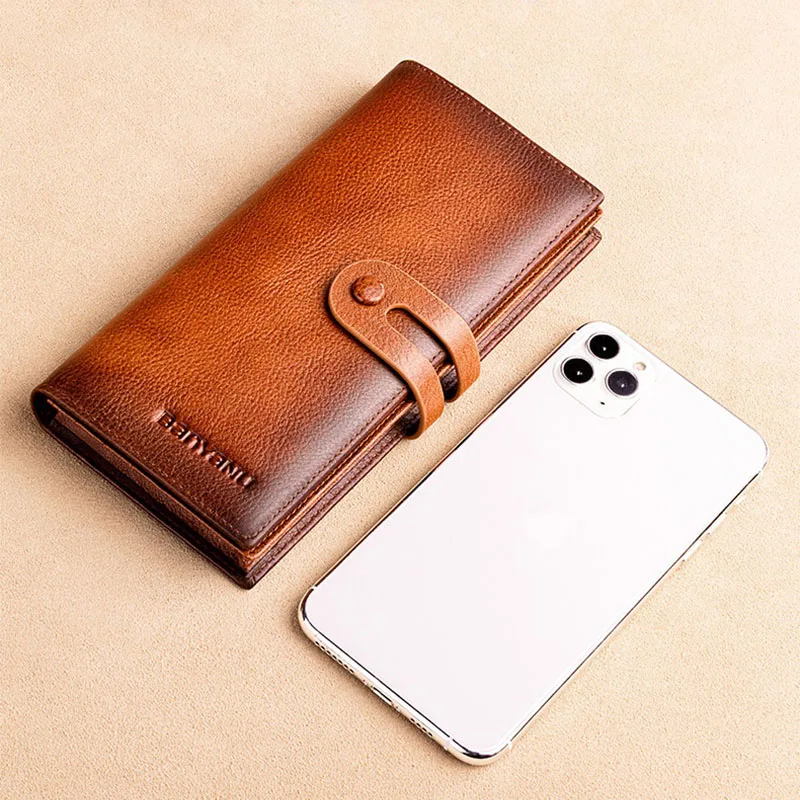 Wallet Man Leather Vintage Casual Long Black Large Capacity Cow Leather Wallet Mobile Phone Bag New Business Wallet Man