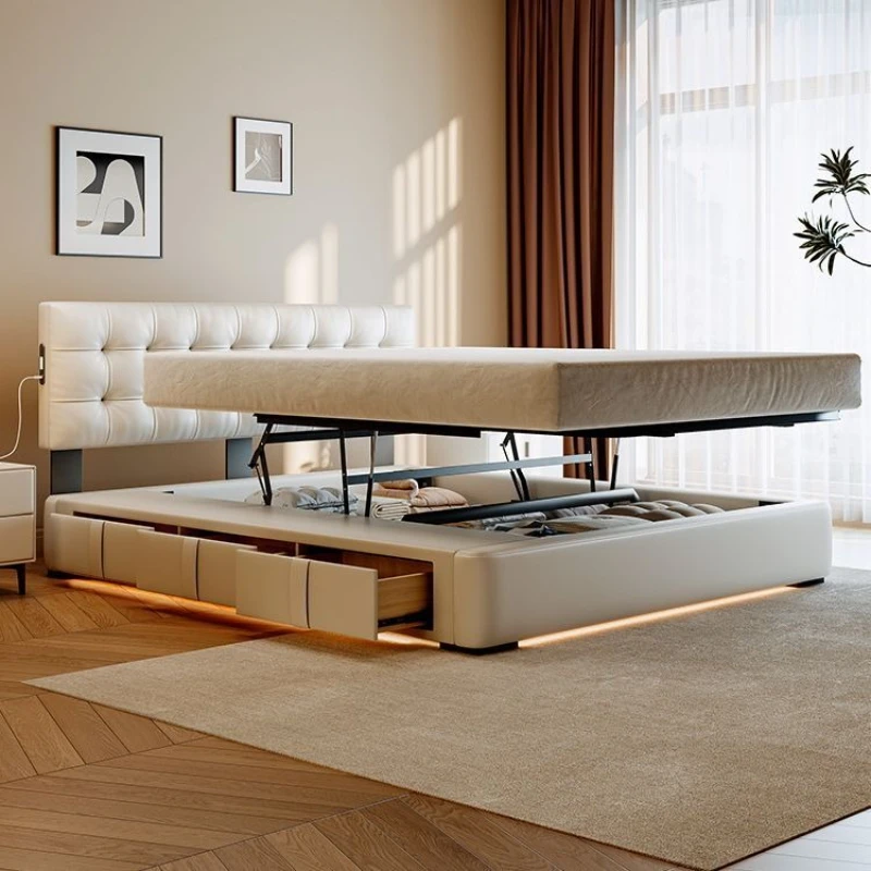 

Slim modern cream double bed master bedroom high box translational air pressure storage bed storage