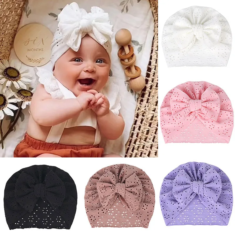 Summer Hollow Baby Turban Cap Big Bow Infant Indian Hat Thin Cotton Newborn Elastic Headscarf Solid Color Kids Hair Accessories