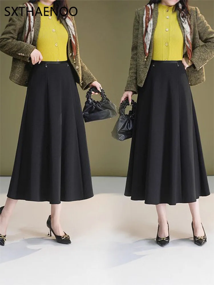 Spódnica SXTHAENOO, długa, w kształcie litery A, wyszczuplająca, z wysokim stanem, zakrywająca biodra, elegancka, idealna do pracy, mieszanka poliestru, model 2025